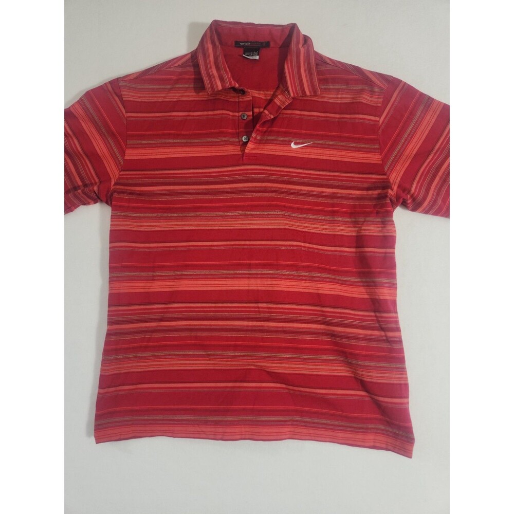 Nike Mens Polo Shirt Large Red Striped Tiger Woods Short Sleeve Fit Dry Golf